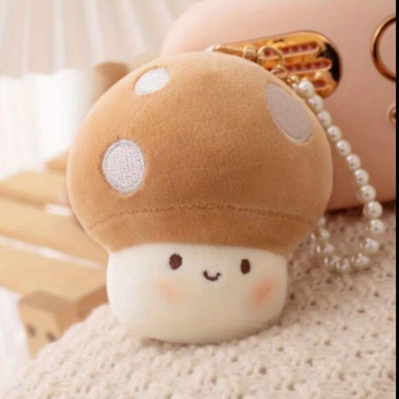 Brown Cap mushroom plush keychain pearl handle gift cottagecore accessory - Picture 1 of 4